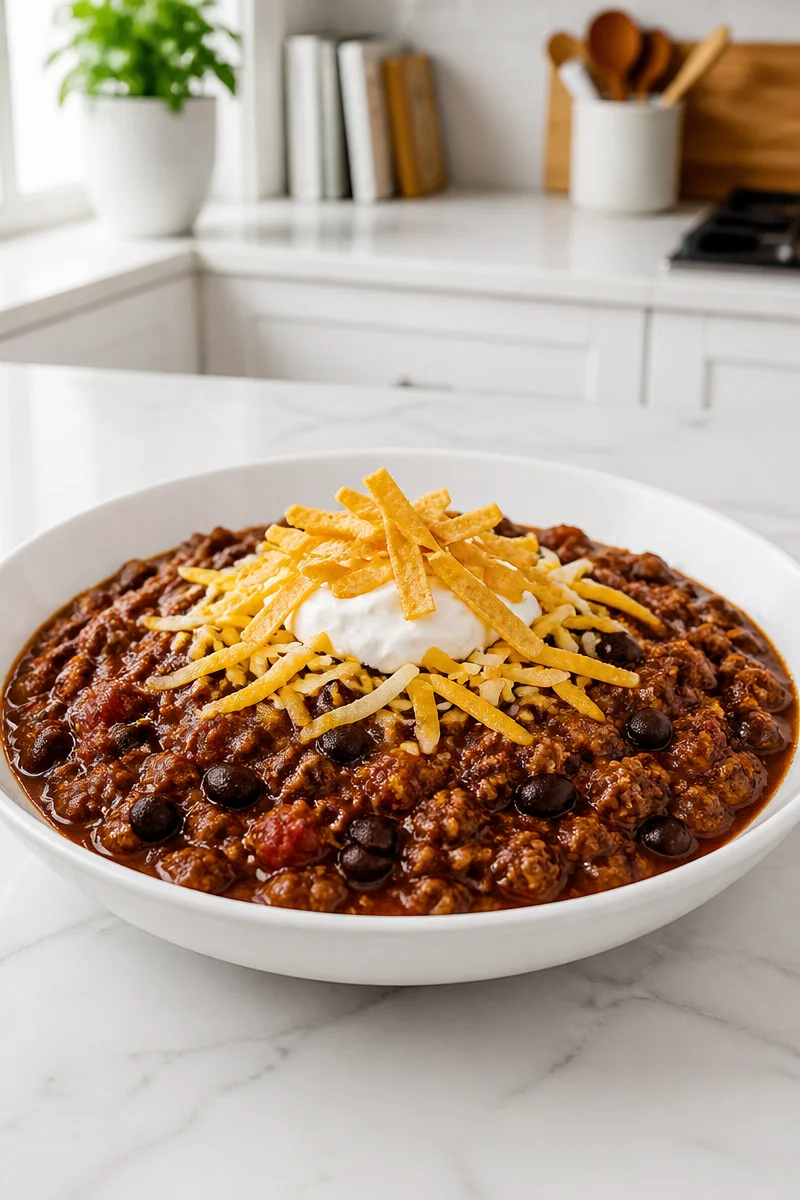 Bowl of Bewitched Chili with Smoky Black Beans garnished with fresh herbs