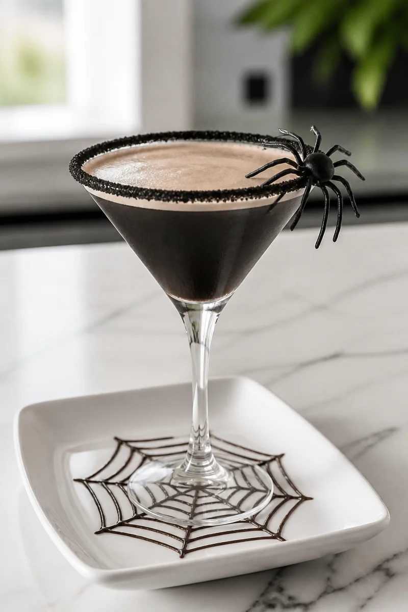 Black Widow Espresso Martini Halloween recipe with coffee and chocolate flavors.