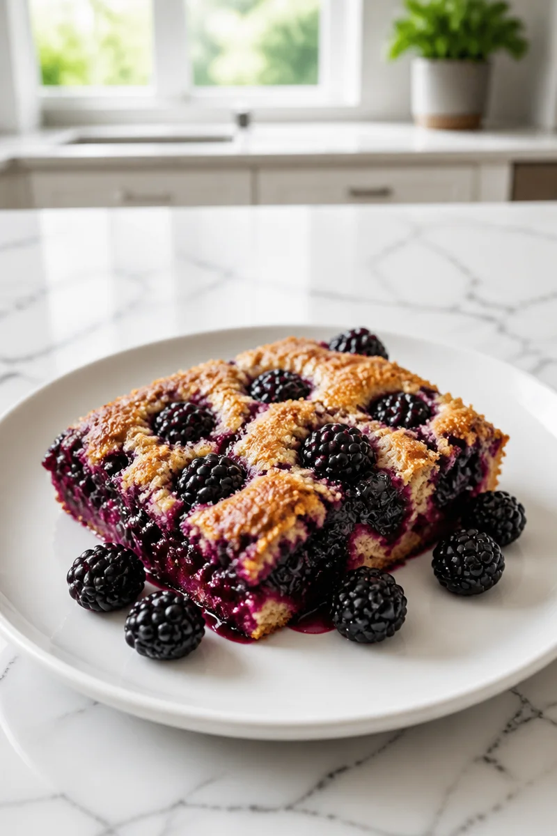 Delicious blackberry cobbler with brown sugar crust ready to serve.