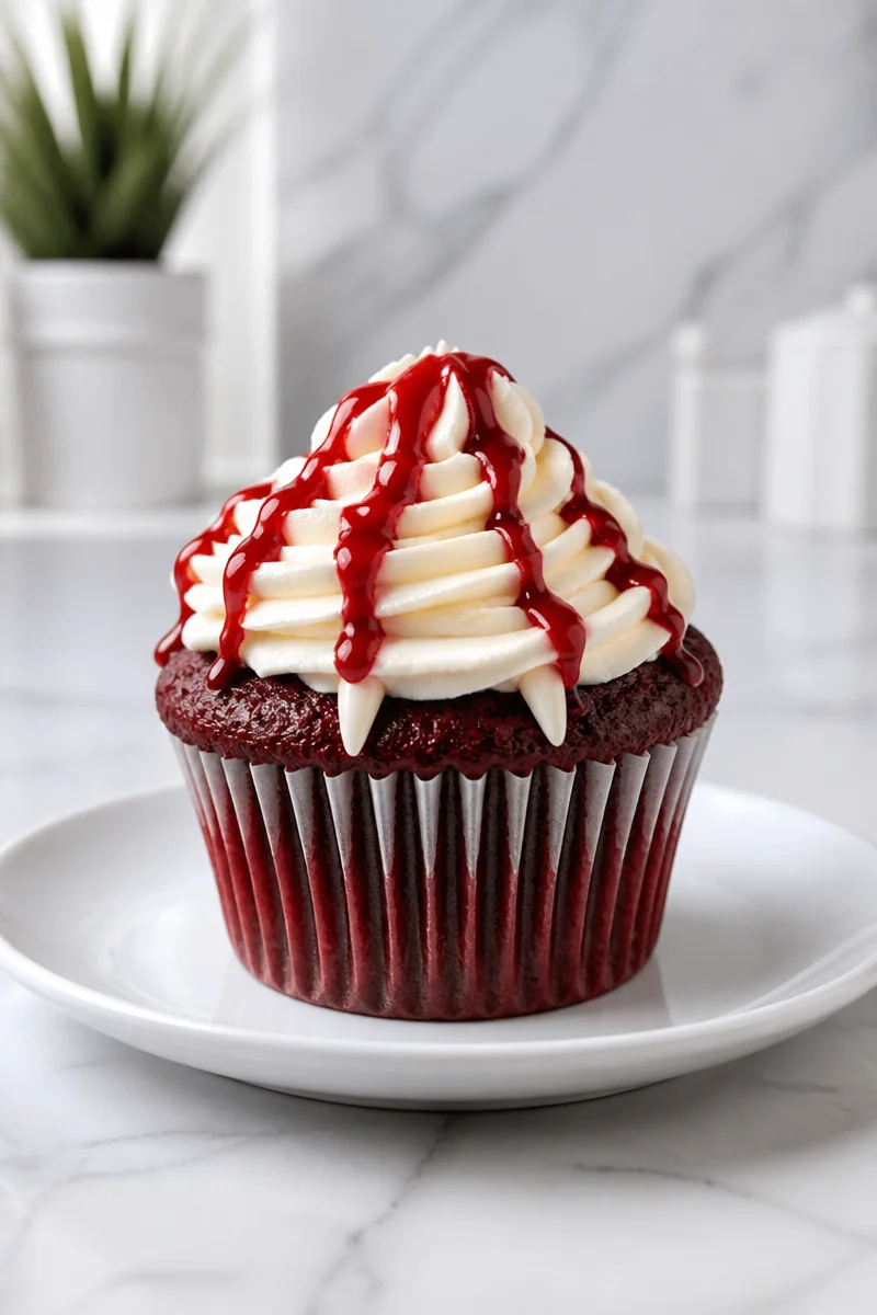 Delicious Bloody Vampire Bite Red Velvet Cupcake with icing and decoration