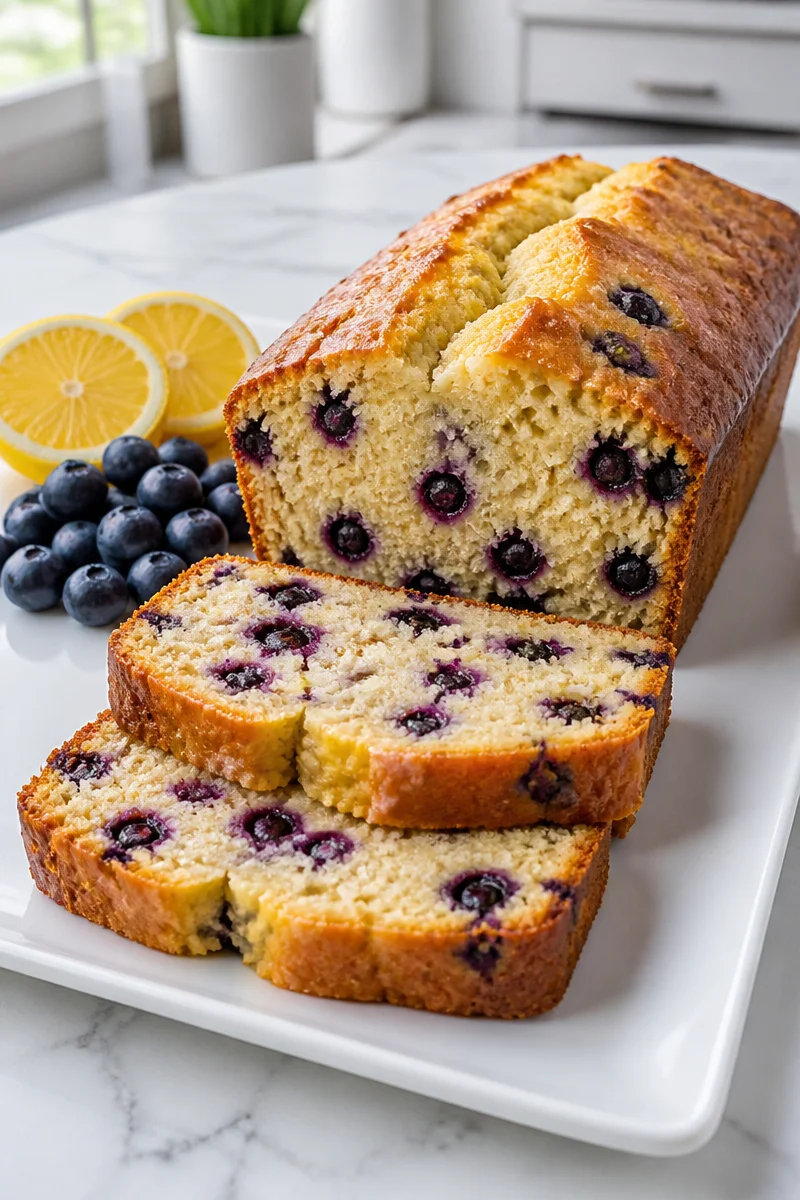 Homemade blueberry lemon pound cake loaf with fresh blueberries on top
