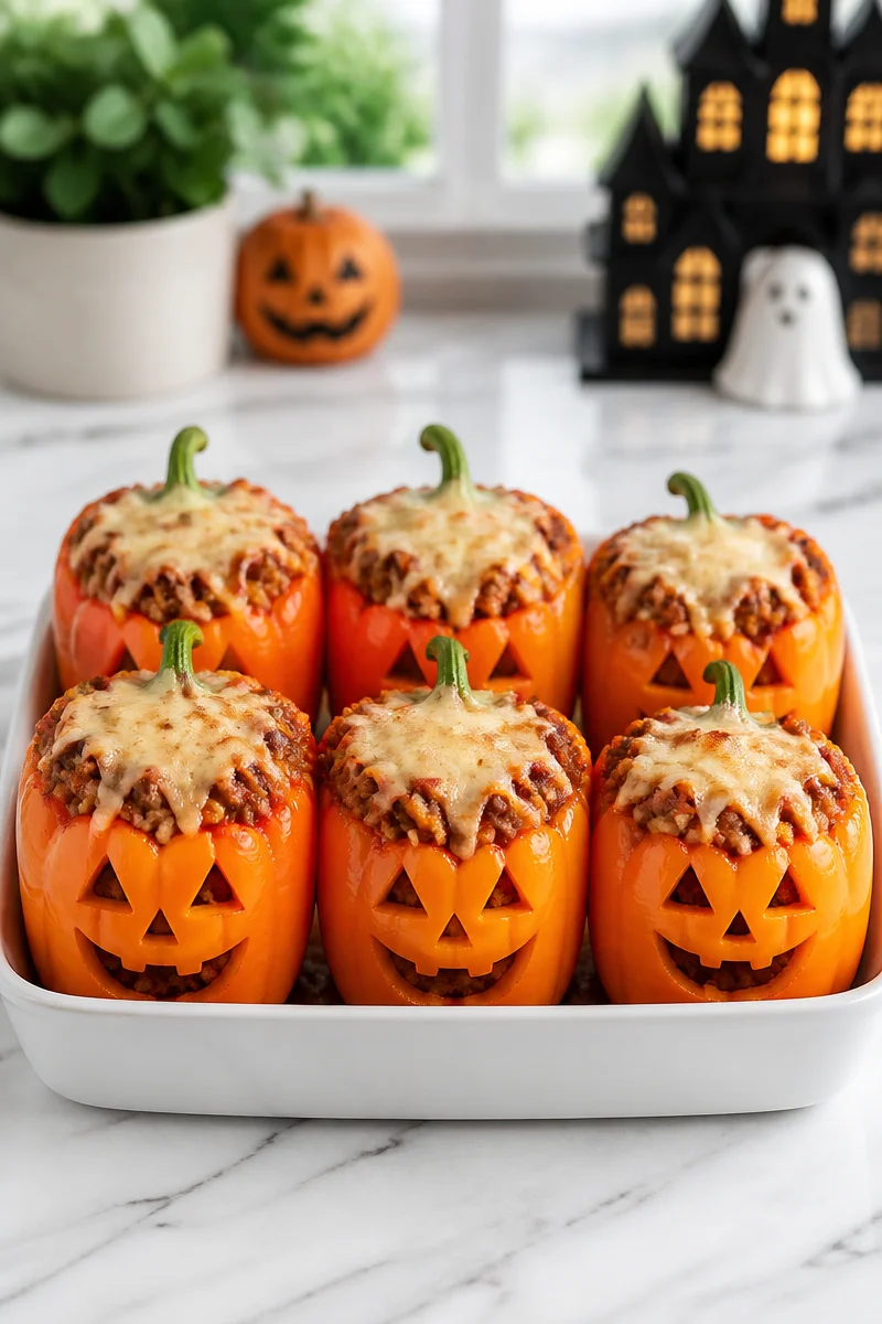 Bolognese Stuffed Bell Peppers decorated for Halloween
