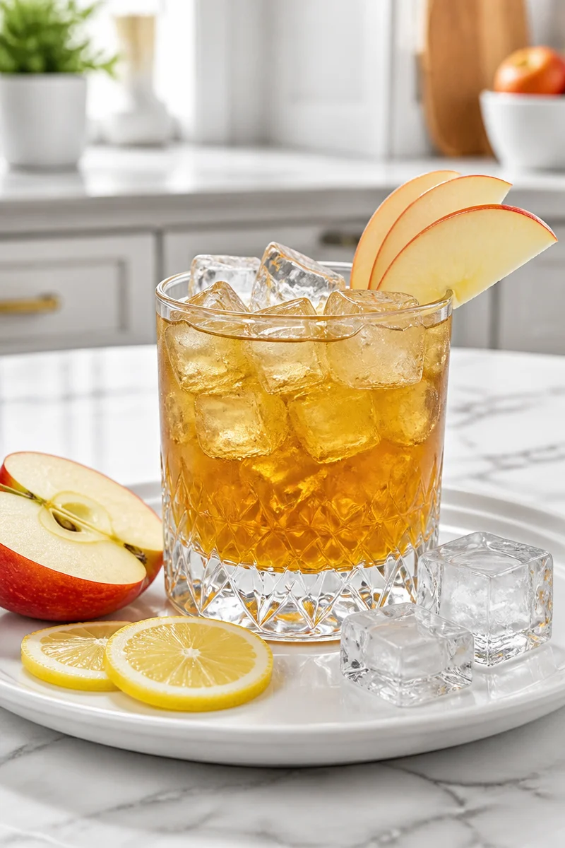 Bourbon Apple Smash Whiskey cocktail garnished with apple slices and mint.