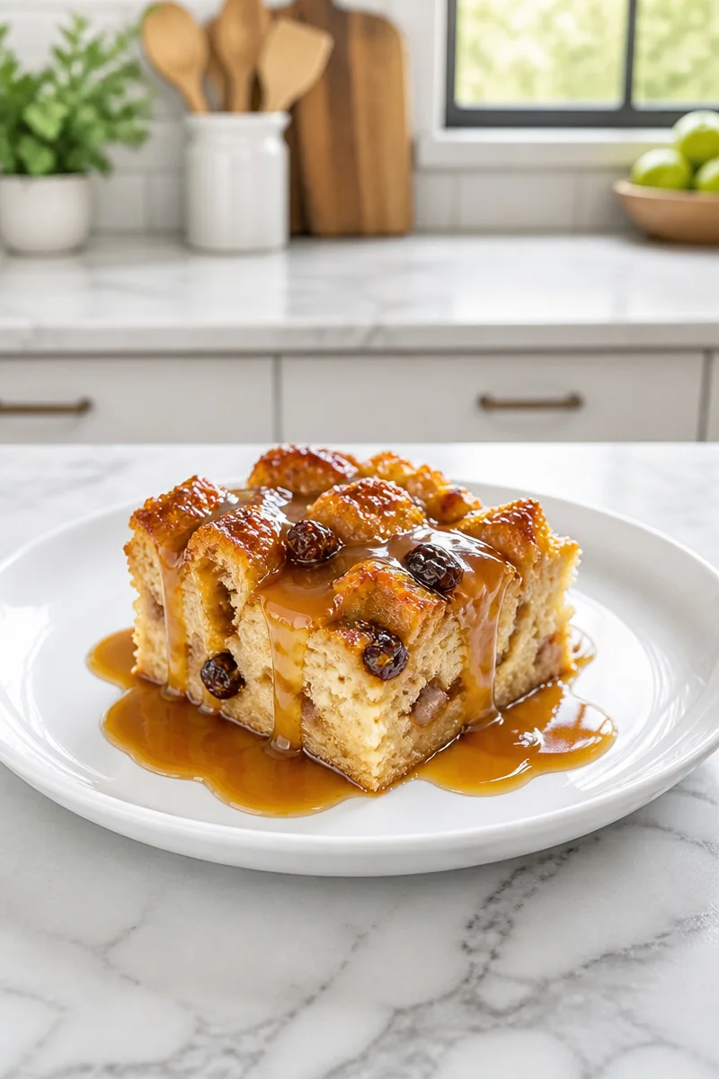 Bread pudding topped with bourbon caramel sauce