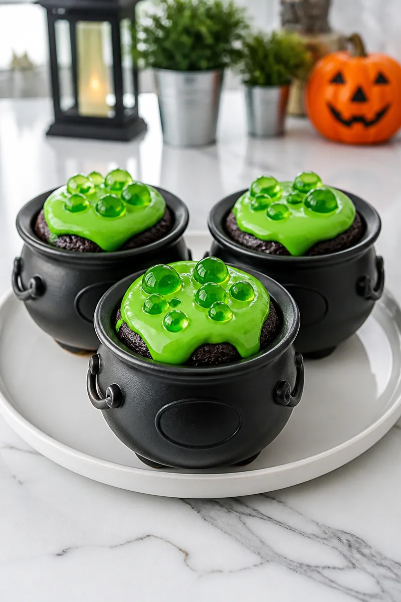 Bubbling Witches Cauldron Fudge Brownie with spooky decorations