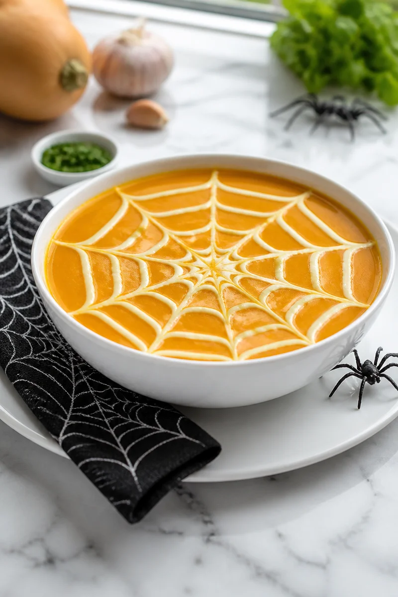 Butternut Squash Spiderweb Soup Bowl served with decorative toppings