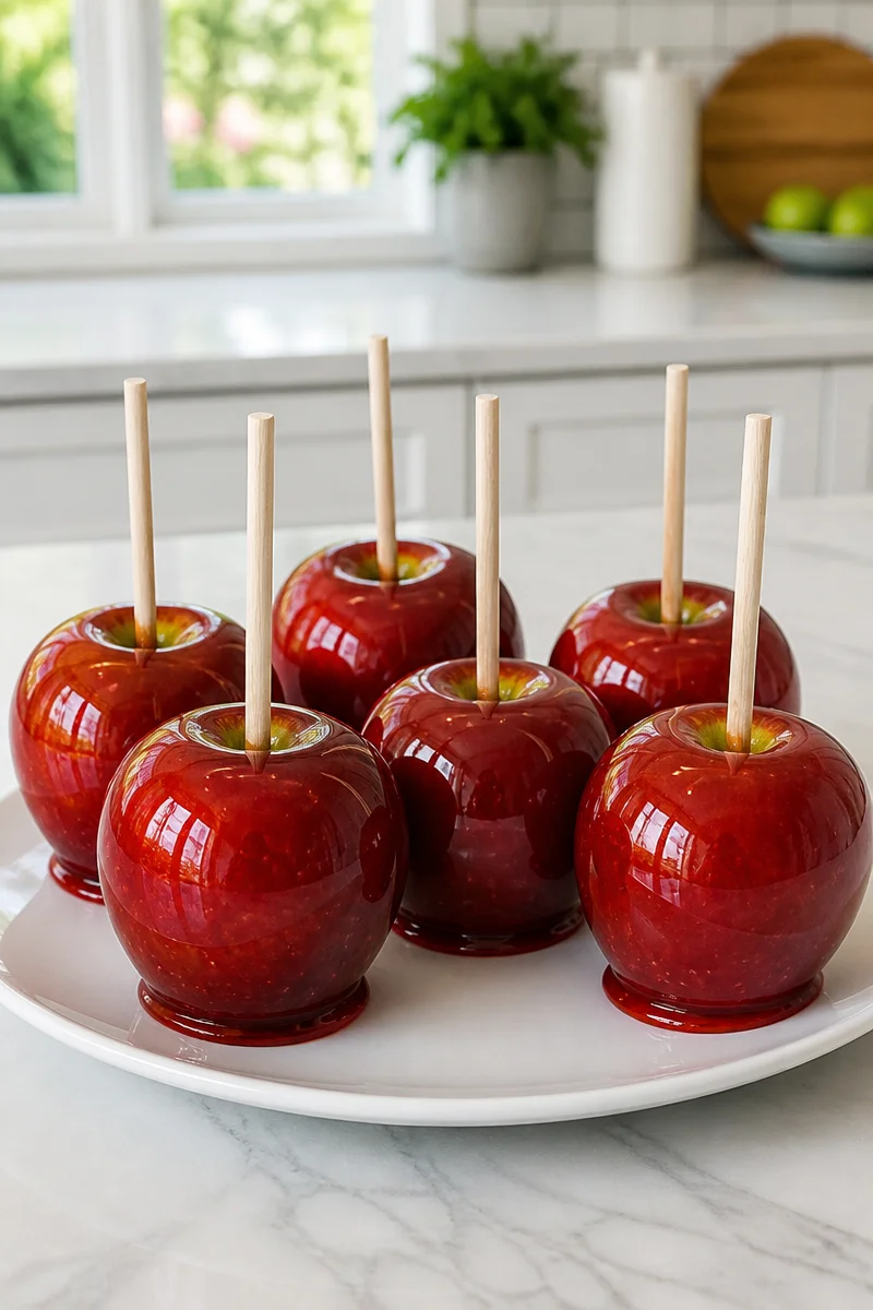 Classic red caramel candy apple on a stick