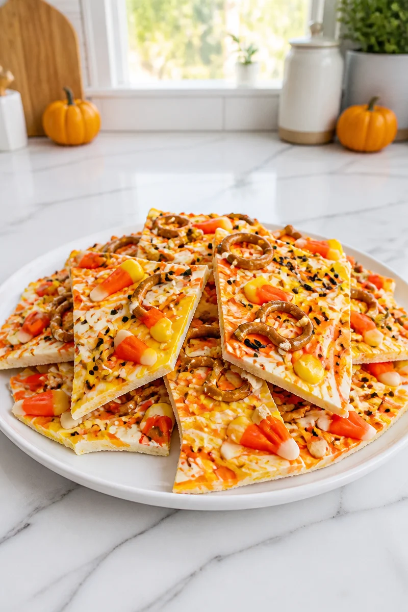 Colorful Candy Corn Halloween Chocolate Bark with festive decorations