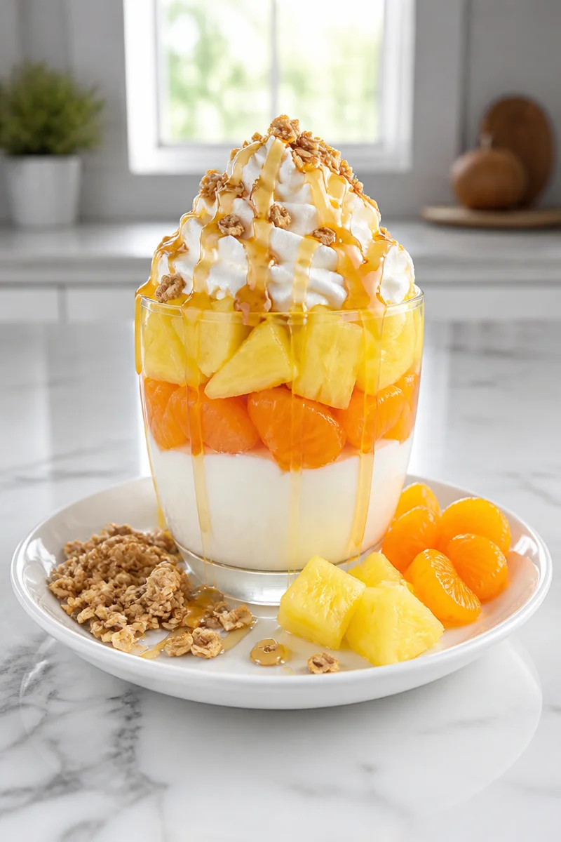 Candy Corn Layered Fruit Parfait with colorful fruit and candy corn decor