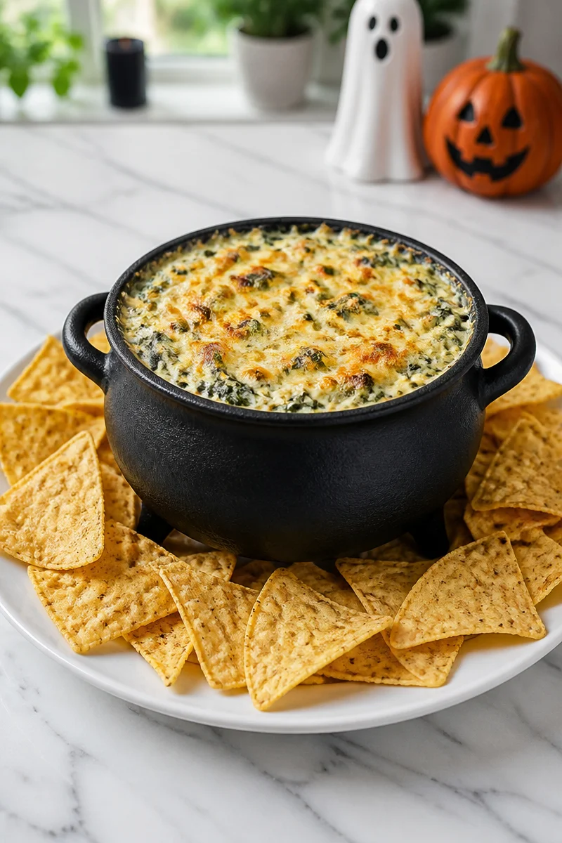 Bubbling cauldron of spinach artichoke dip ready to serve with chips.
