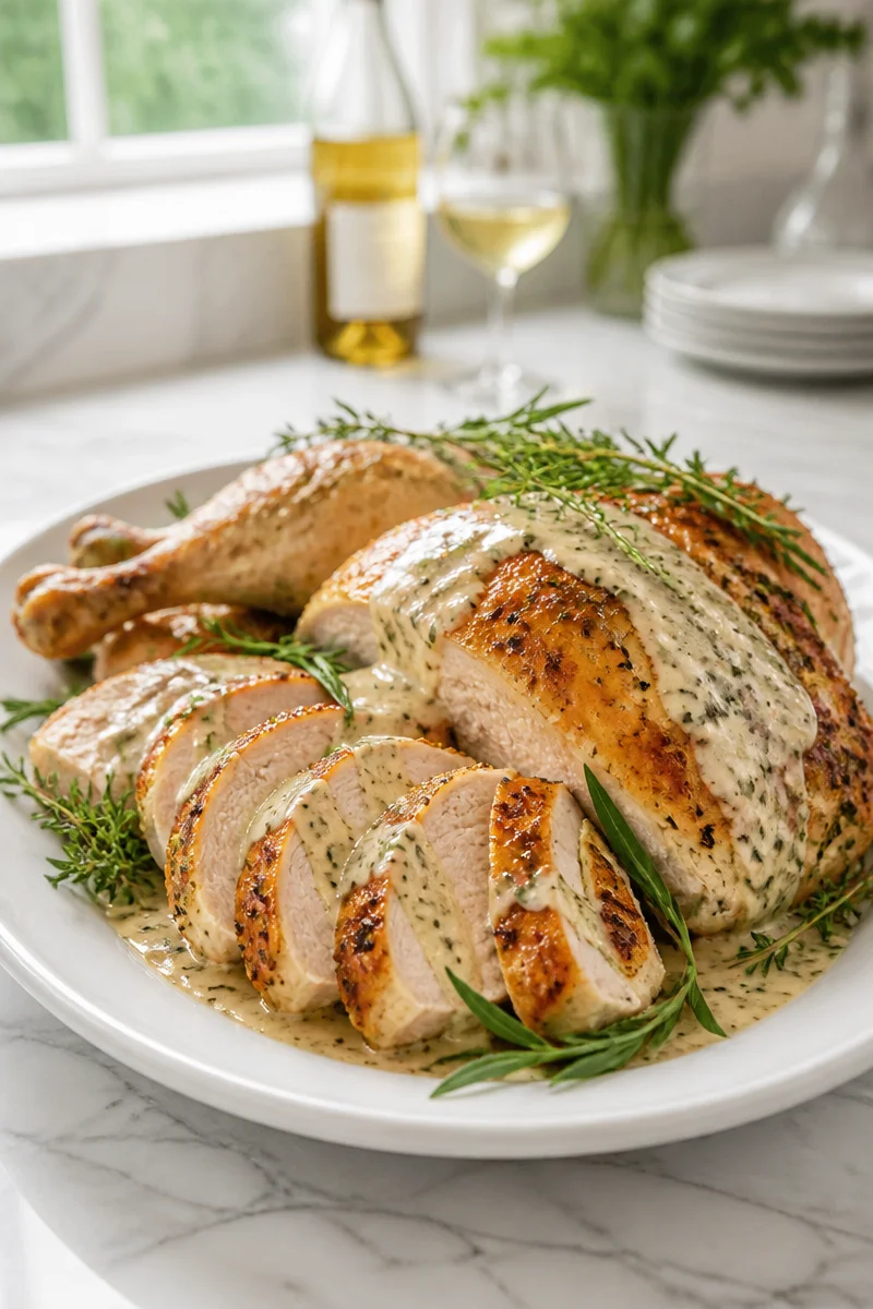 Chardonnay cream sauce herb roasted chicken served with herbs and vegetables.