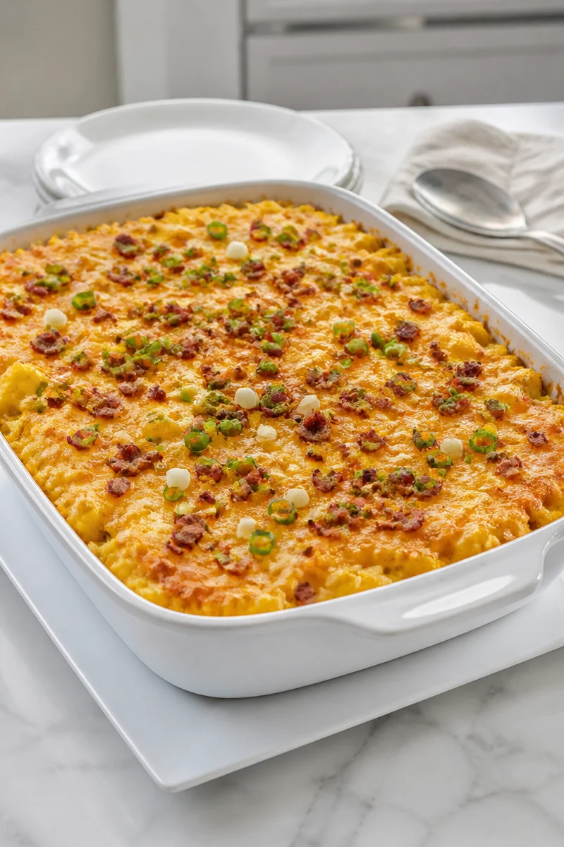 Cheesy baked potato casserole topped with green onions