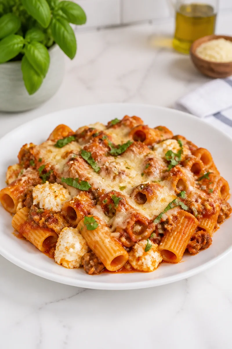 Cheesy baked rigatoni with sausage and ricotta topped with melted cheese