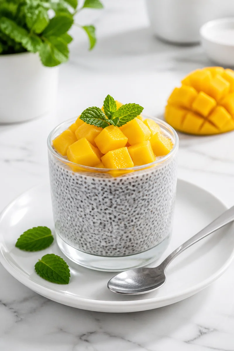 Chia seed pudding with mango topping served in a bowl