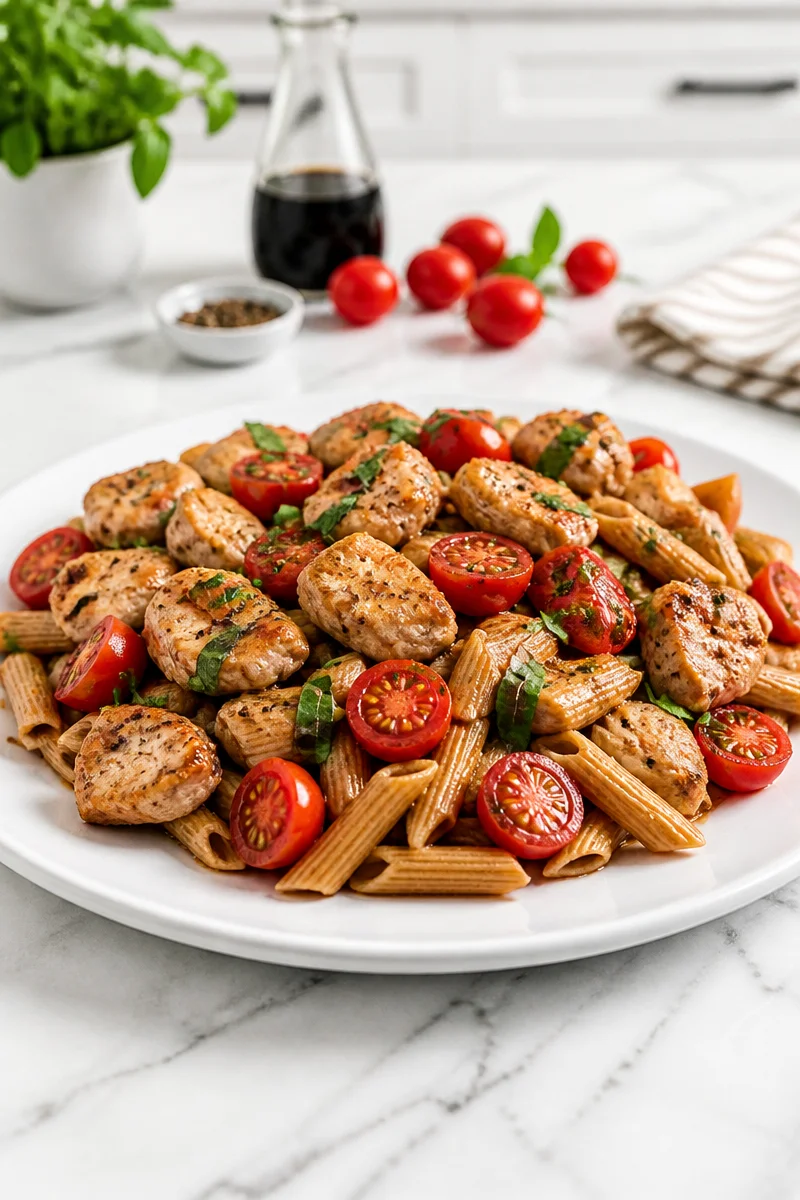 Chicken Bruschetta Whole Wheat Penne Pasta dish garnished with fresh herbs.