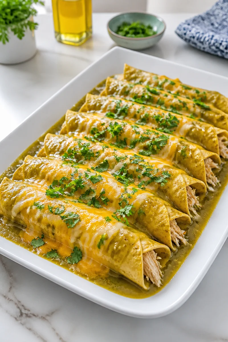 Plate of Chicken Enchilada Verde with green sauce and garnishes