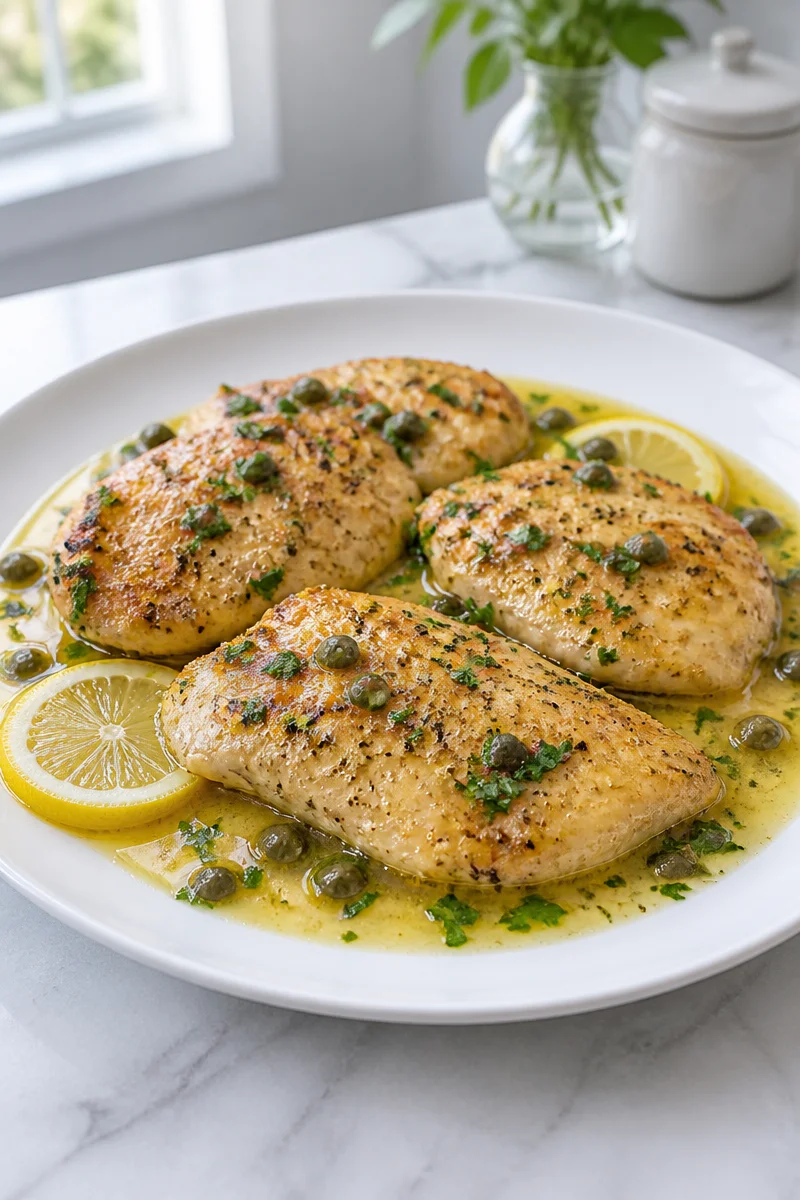 Delicious Chicken Piccata in lemon caper sauce served on a plate.