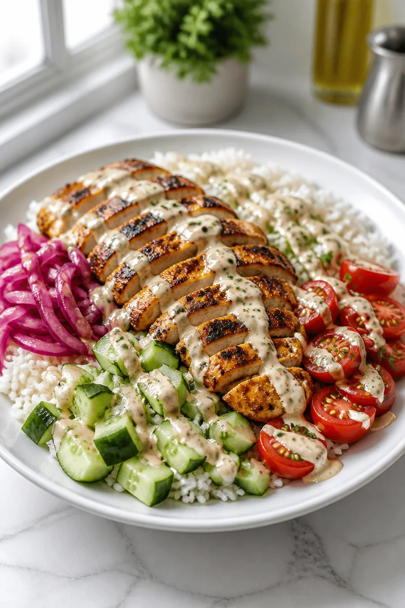 Chicken Shawarma Bowl with Tahini Sauce served in a bowl