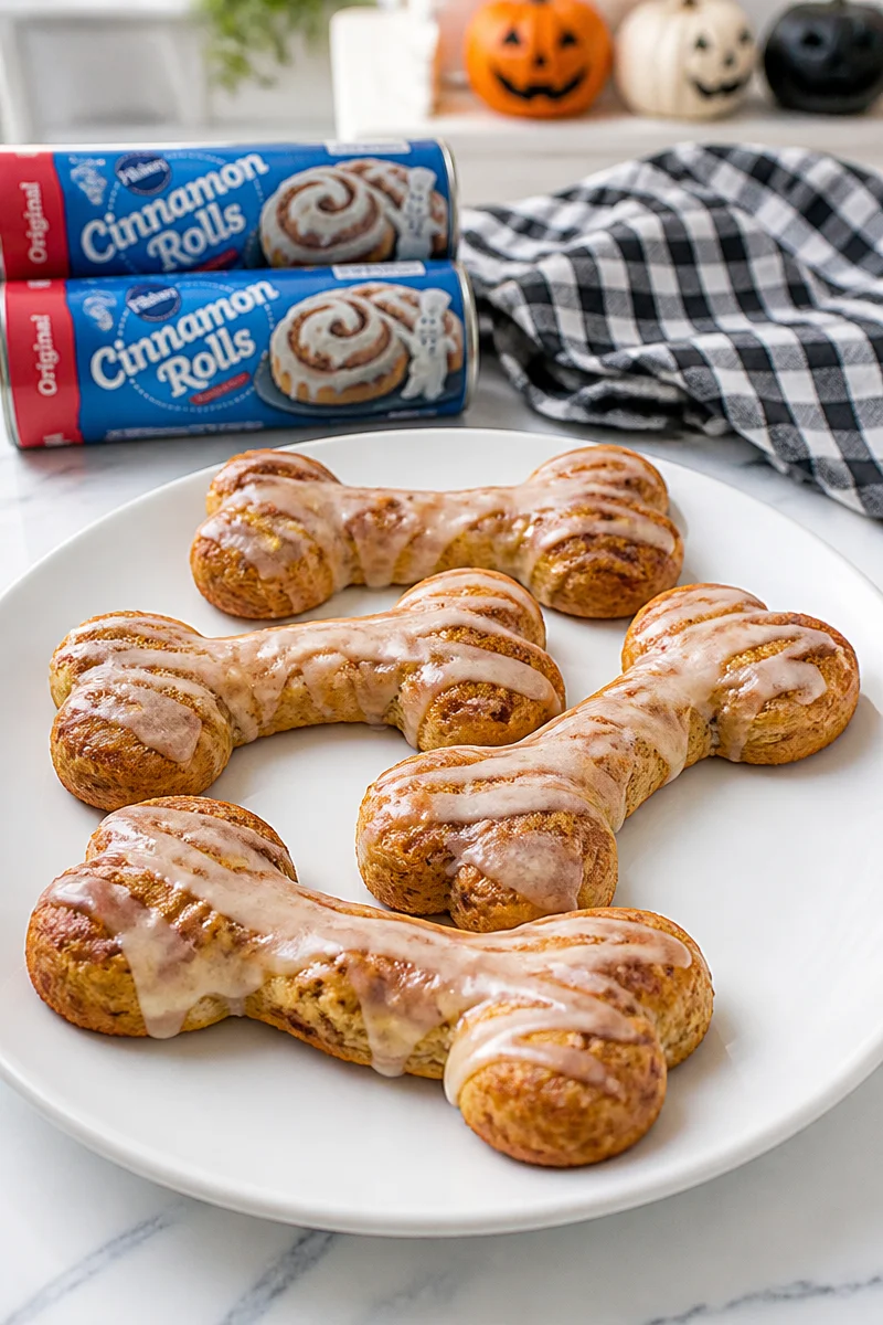 Cinnamon Bone Breakfast Crescent Roll served with icing and cinnamon sugar on top.