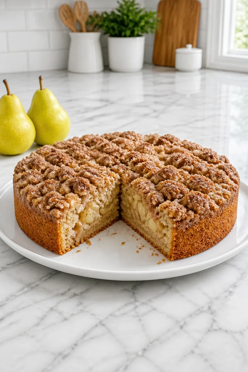 Delicious Cinnamon Streusel Pear Coffee Cake on a plate