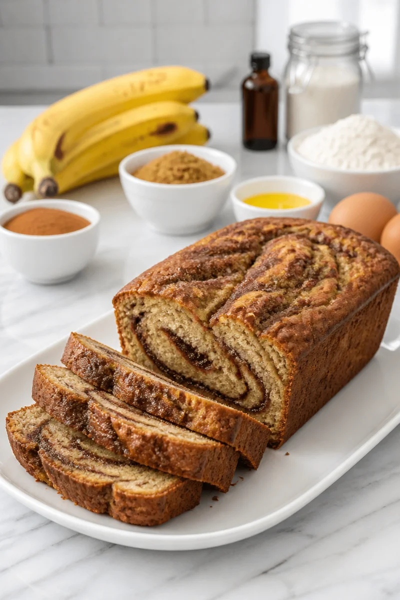 Deliciously baked cinnamon swirl banana bread loaf fresh out of the oven