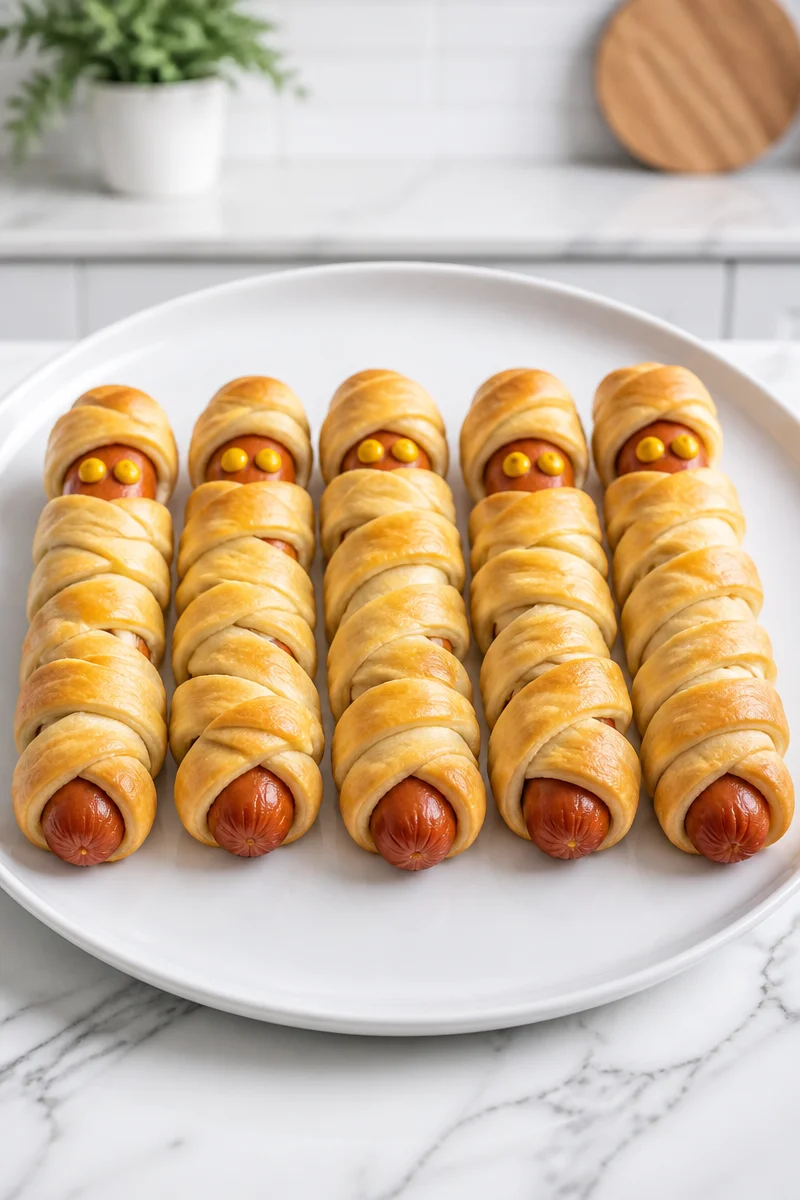 Classic Halloween mummy hot dog wrapped in pastry for a festive treat.