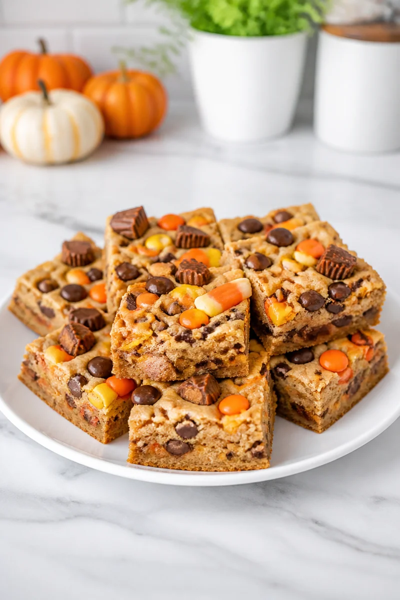 Deliciously loaded Halloween Blondies with candy for festive celebrations