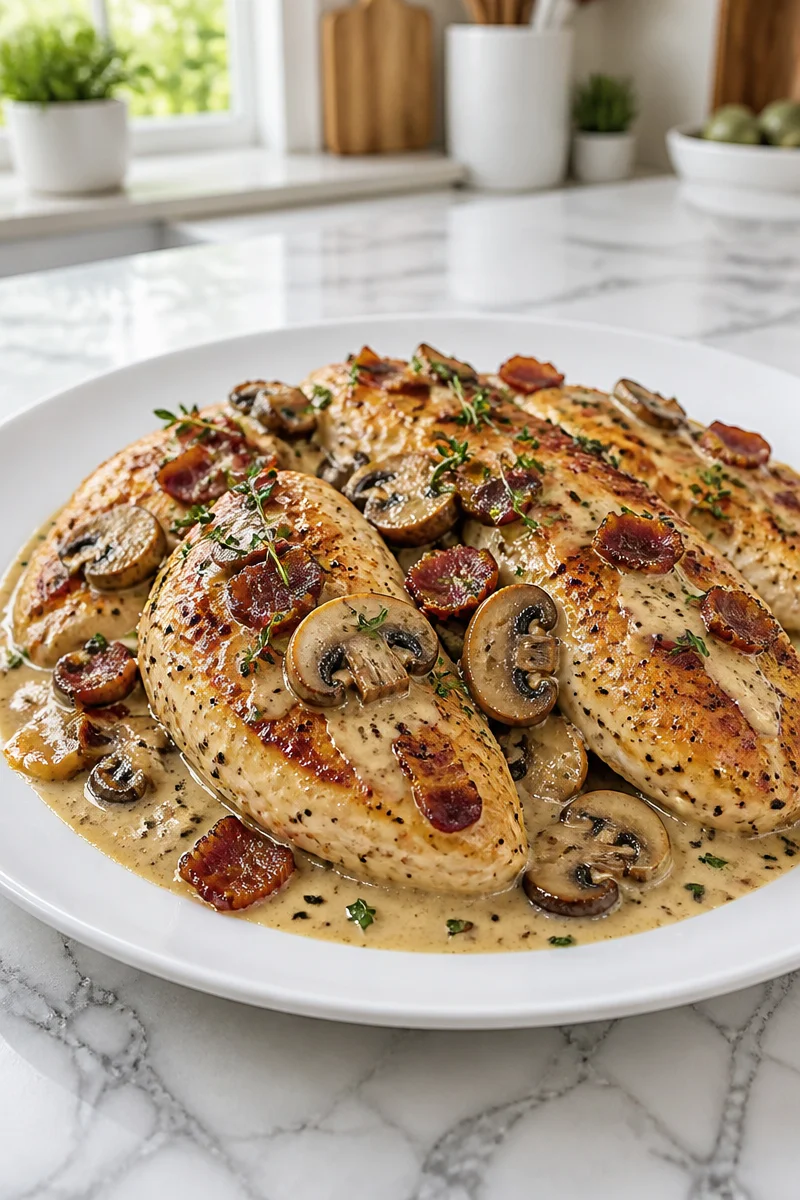 Creamy Chicken Bacon Mushroom Skillet dish served in a pan