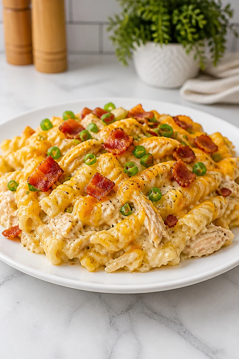 Creamy chicken bacon ranch casserole topped with crispy bacon and cheese