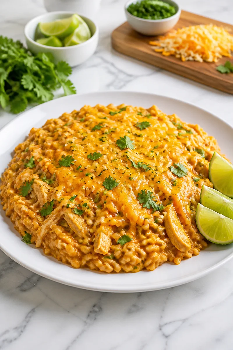 Creamy chicken enchilada rice skillet topped with cheese and cilantro