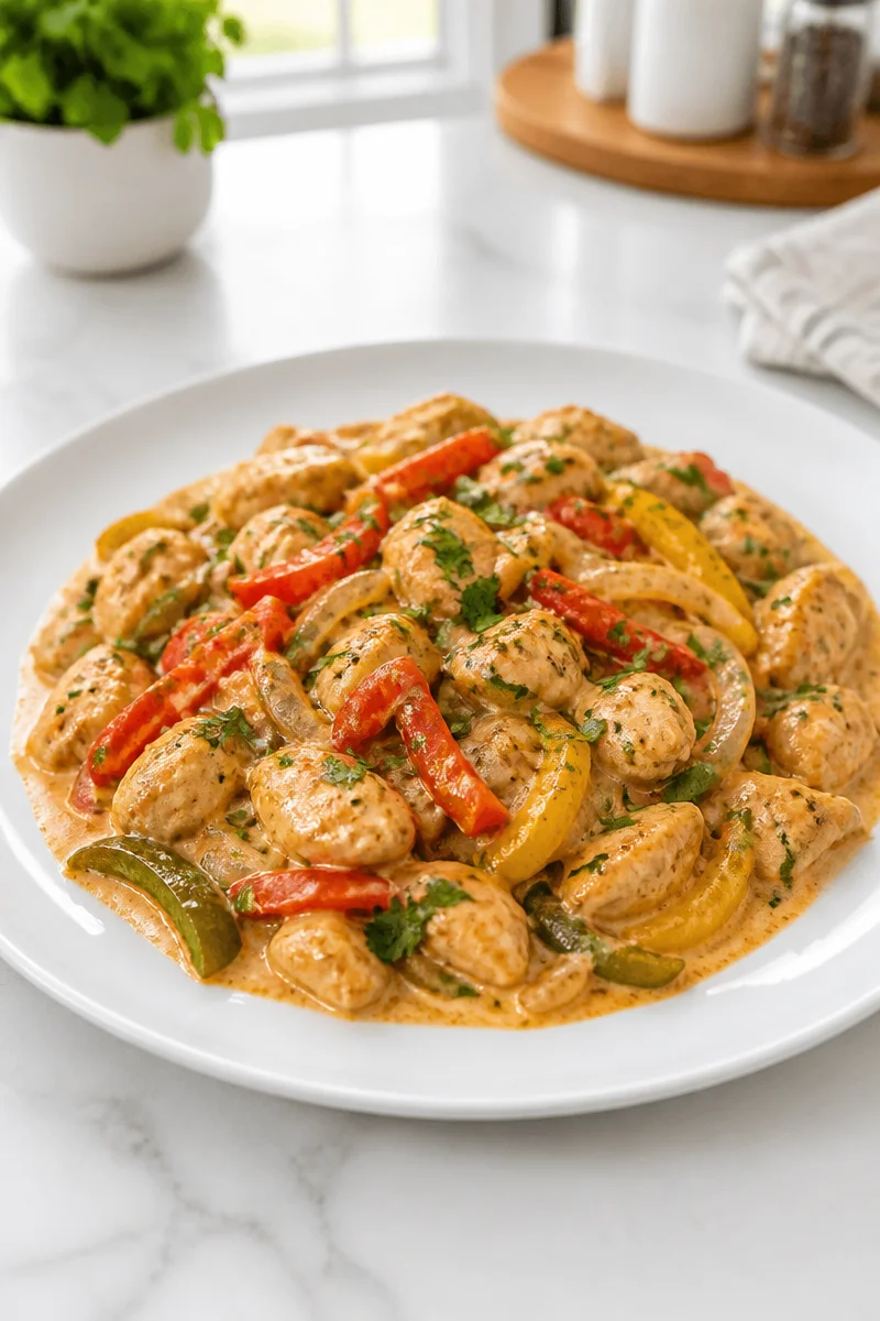 Creamy Chicken Fajita Skillet Dinner served with colorful peppers and onions