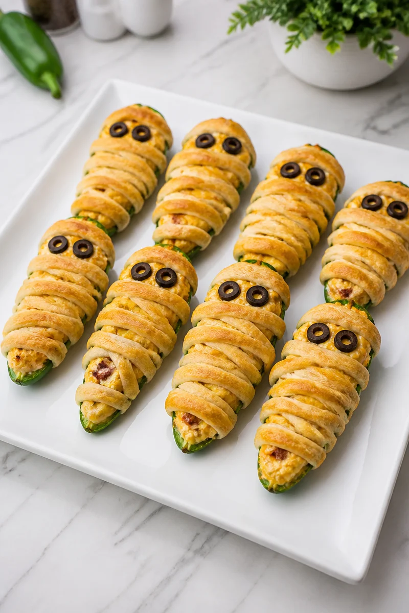 Creamy Halloween mummy jalapeno popper appetizer for festive gatherings