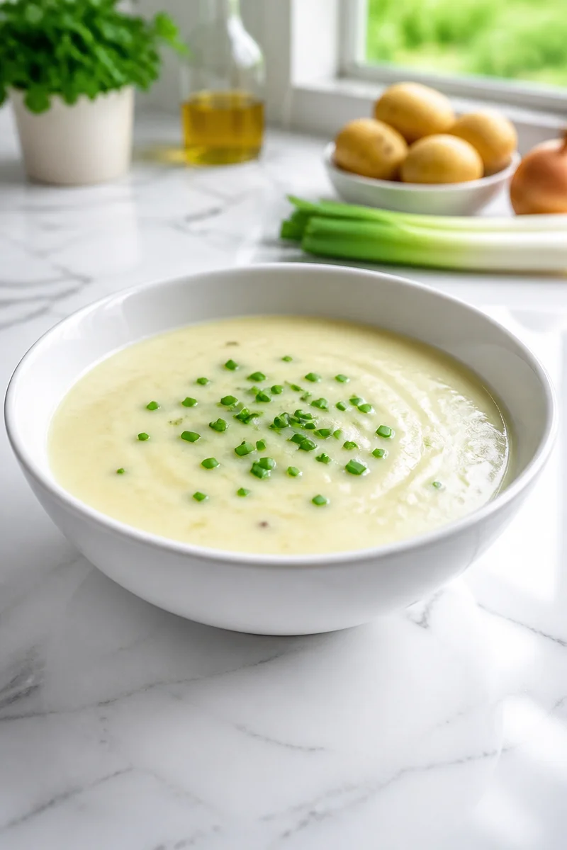 A delicious creamy potato leek soup bowl garnished with fresh herbs