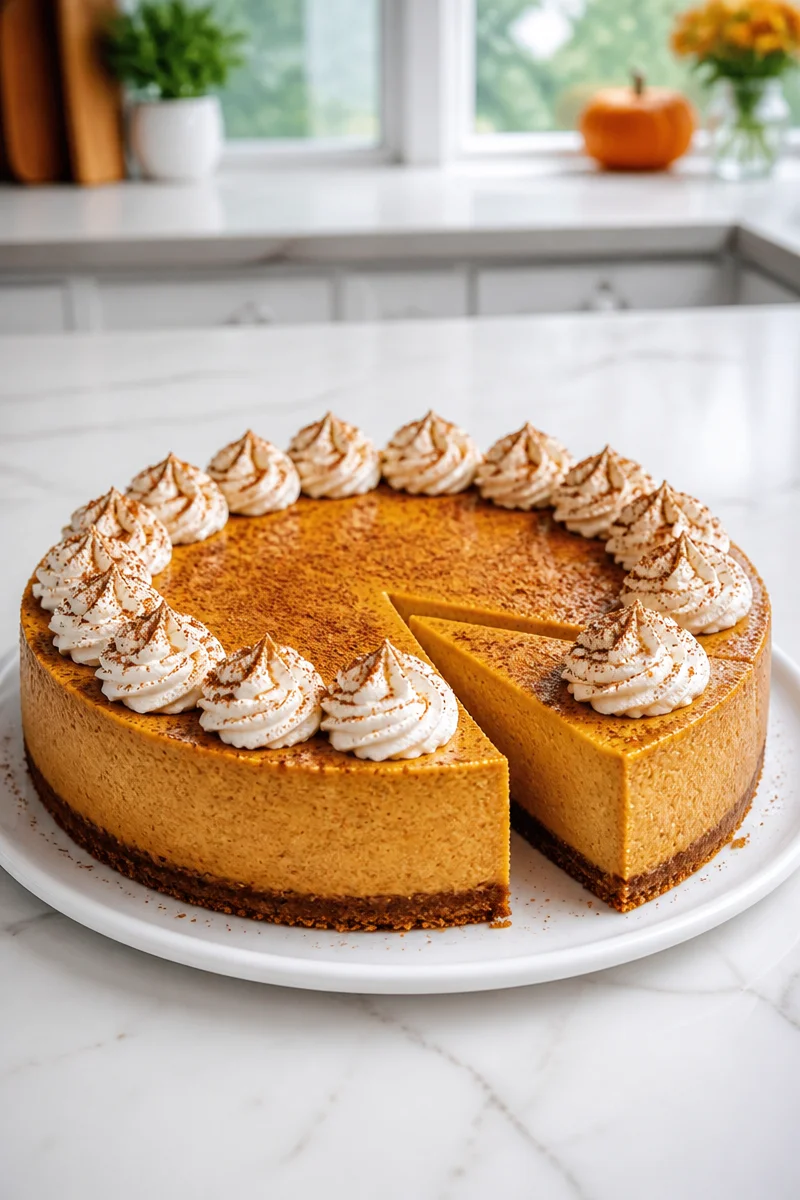 Creamy pumpkin spice latte cheesecake topped with whipped cream