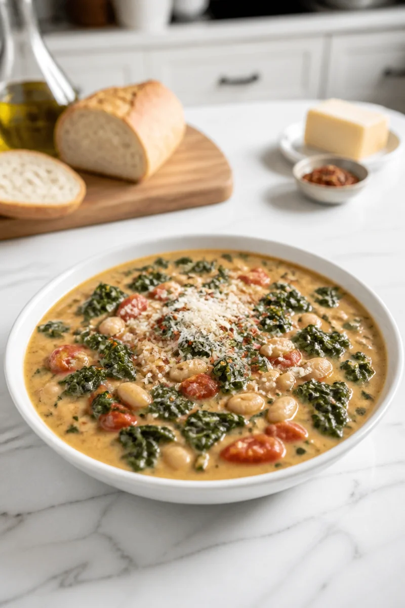 Creamy Tuscan White Bean Kale Soup garnished with fresh herbs in a bowl