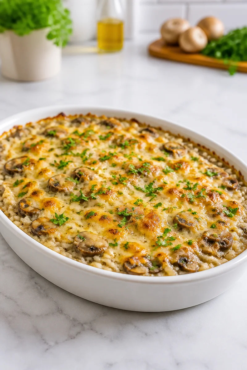 Creamy wild rice mushroom casserole served in a bowl, garnished with fresh herbs