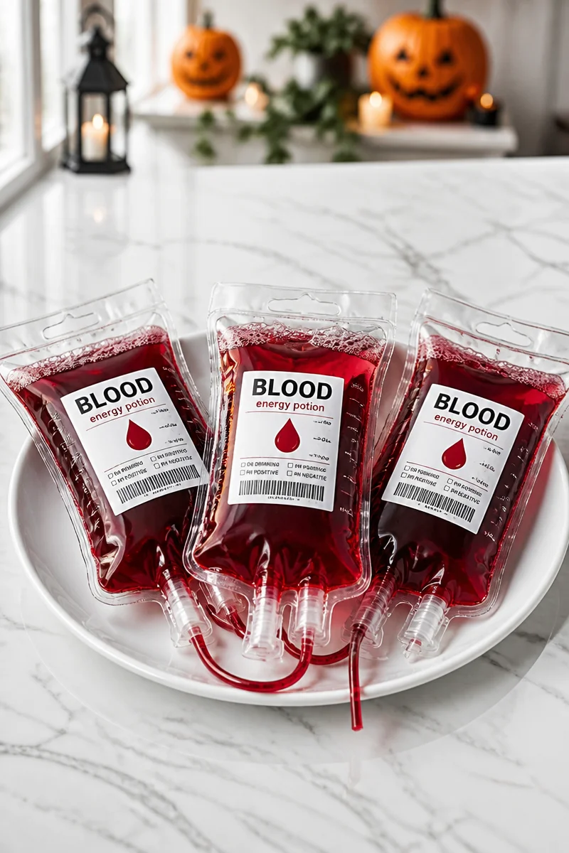 Creepy Halloween punch blood bag filled with spooky drink for Halloween party