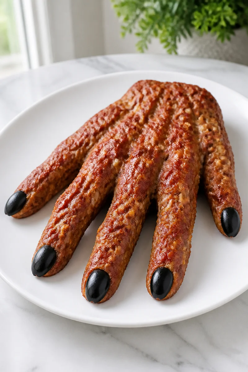 Creepy Skeleton Hand Beef Meatloaf served on a Halloween-themed platter.