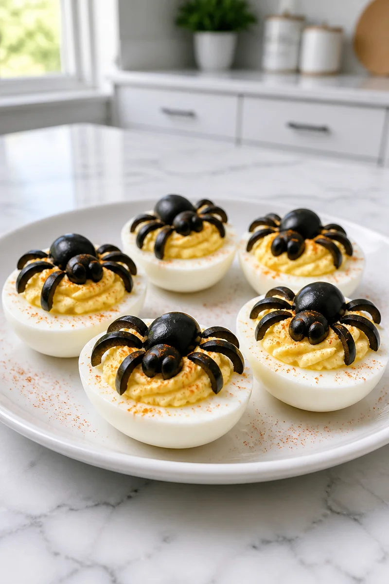 Creepy spider deviled egg half, decorated for Halloween