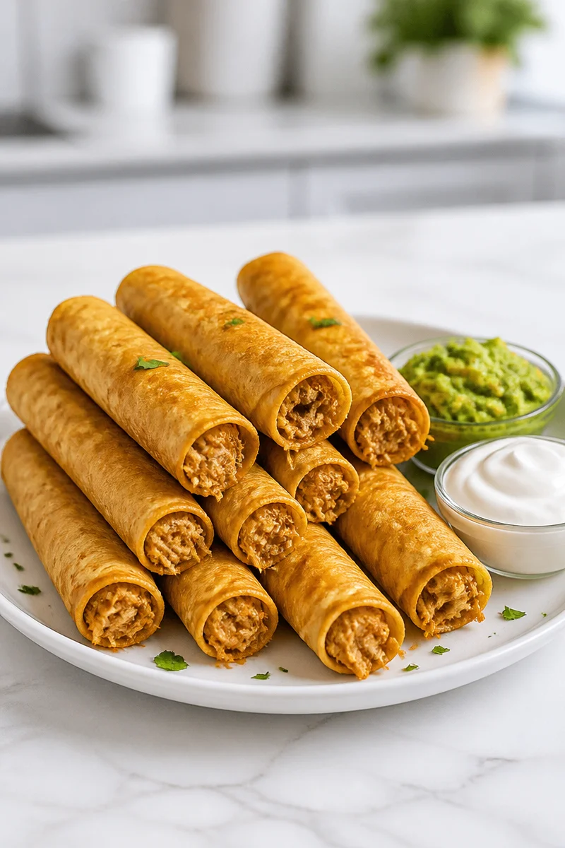 Crispy air fryer chicken taquitos on a plate with salsa and garnishes.