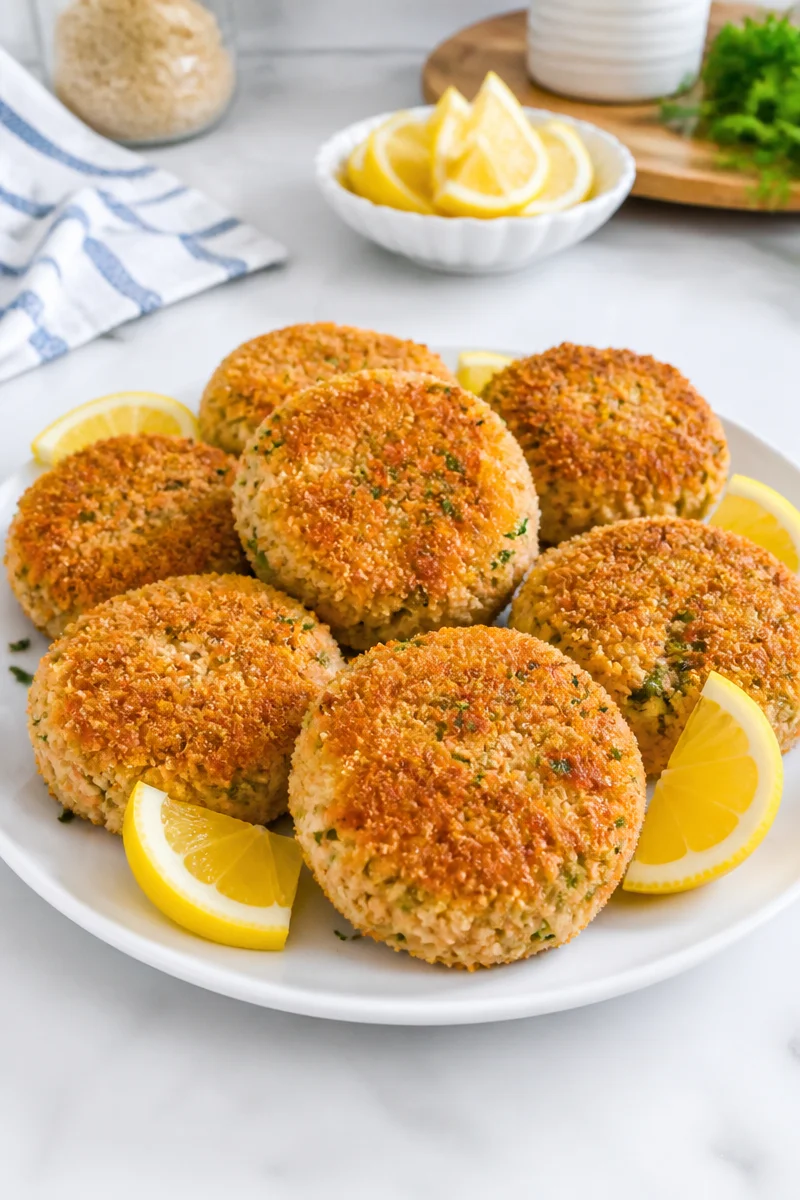 Crispy air fryer salmon patty served on a plate with fresh herbs.