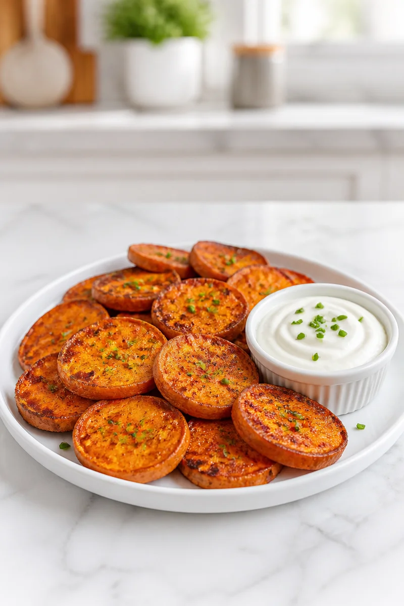 Crispy air fryer sweet potato round garnished with herbs