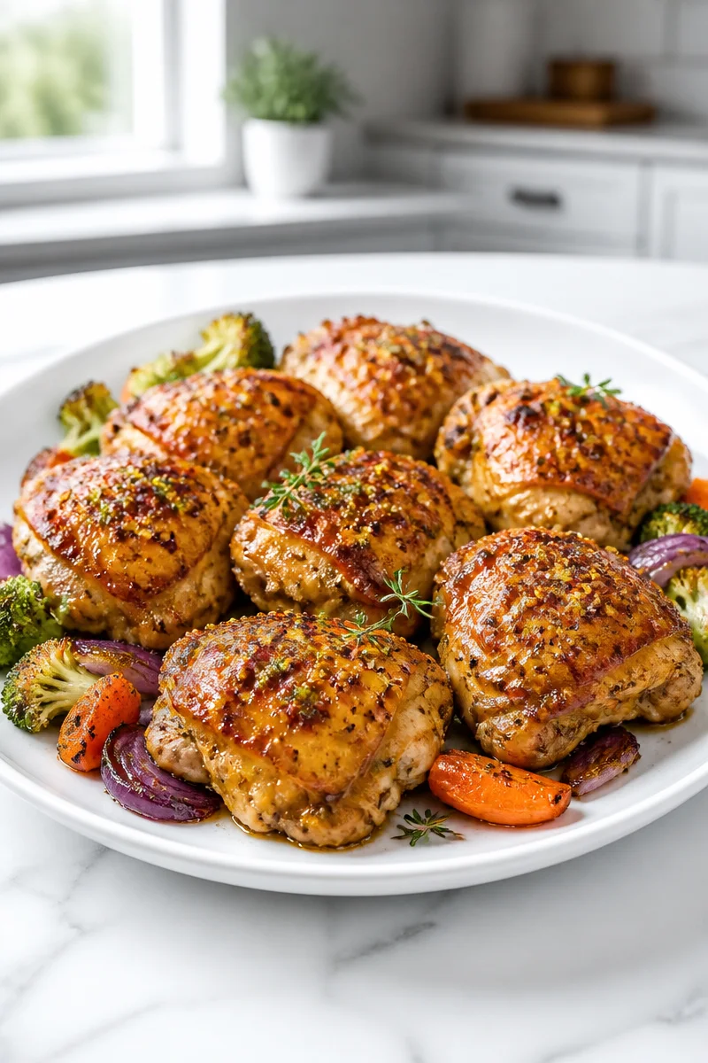 Crispy baked chicken thighs drizzled with honey mustard glaze