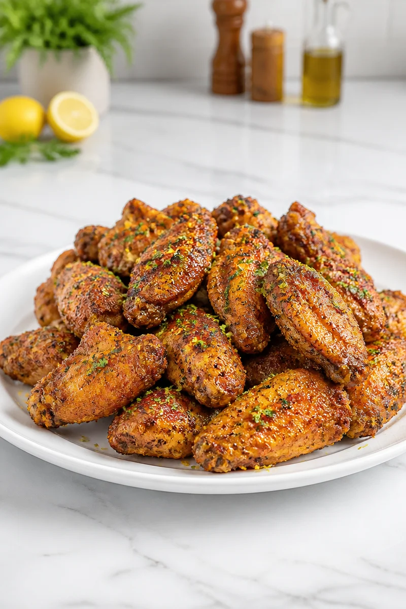 Crispy baked lemon pepper wings served on a platter with fresh lemon slices.