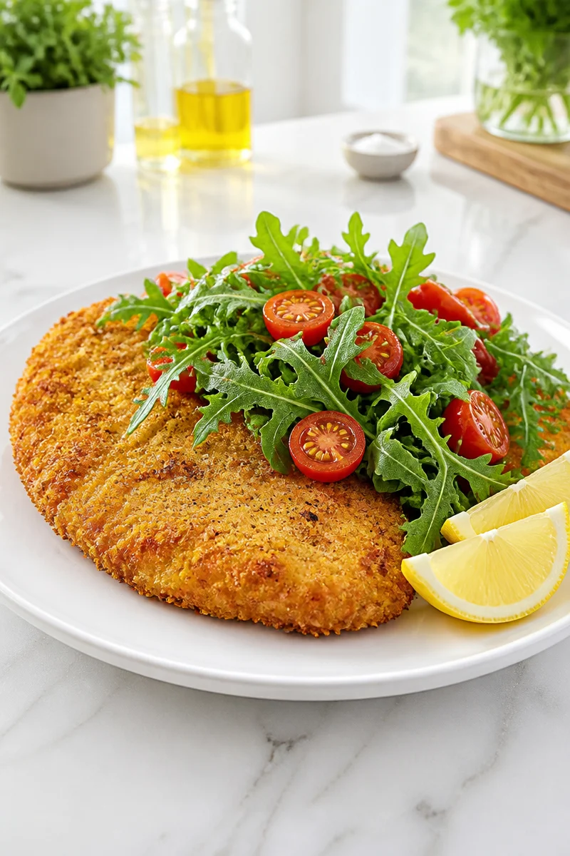 Crispy chicken cutlet Milanese style served with fresh herbs and lemon.
