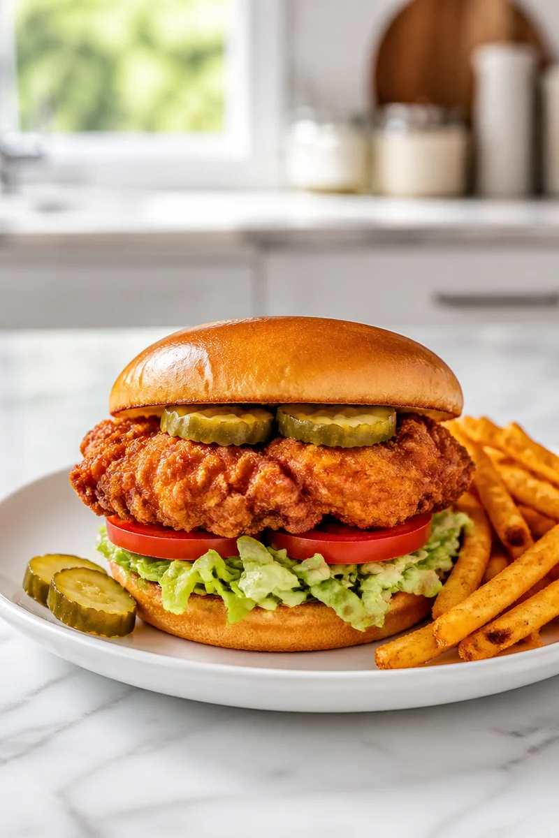 Crispy fried chicken sandwich with spicy flavor and fresh toppings