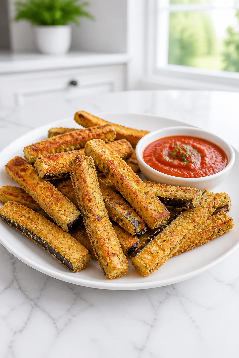 Crispy panko baked eggplant fries on a plate, garnished with herbs.
