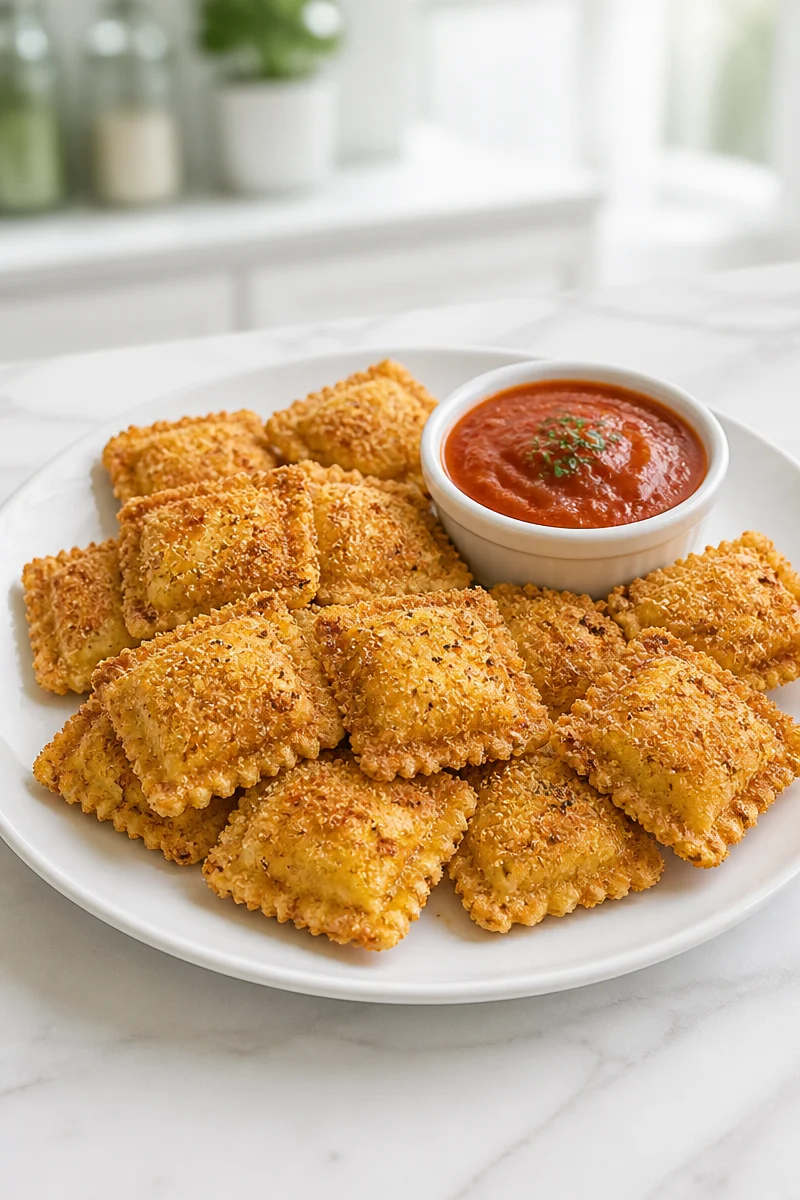Crispy Panko Baked Ravioli Bites with dipping sauce on a plate