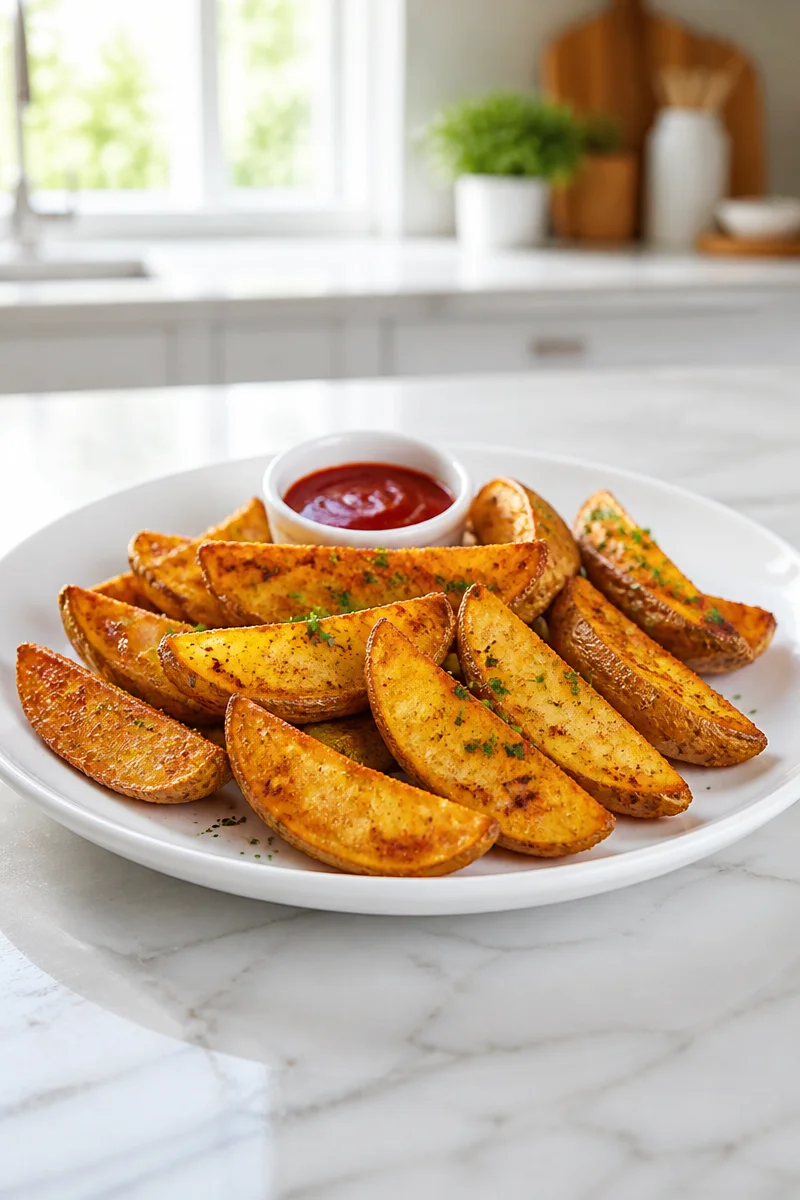 Crispy seasoned baked potato wedges on a plate garnished with herbs