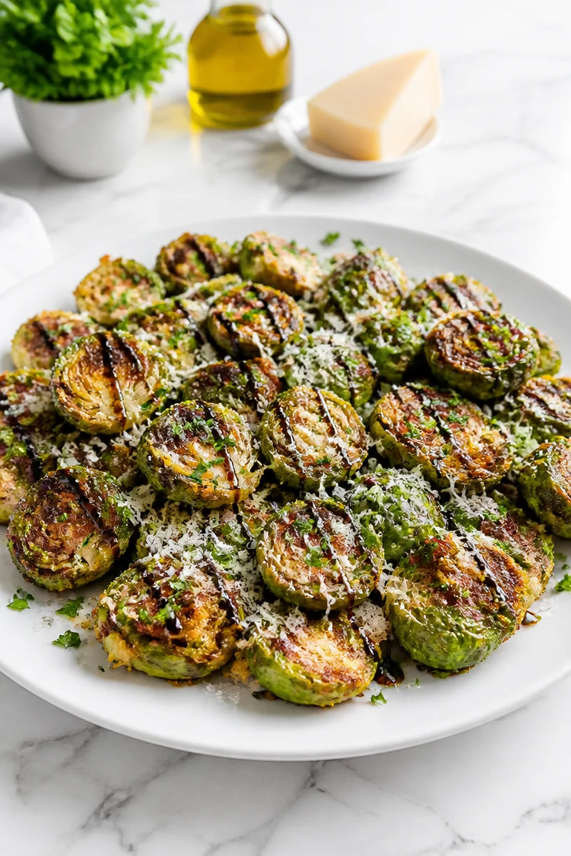 Crispy Smashed Brussels Sprout Parmesan garnished with cheese